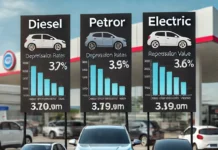 Drei Fahrzeuge – ein Diesel, ein Benziner und ein Elektroauto – nebeneinander auf einem Autohausgelände mit Preisschildern zur Darstellung unterschiedlicher Restwerte.