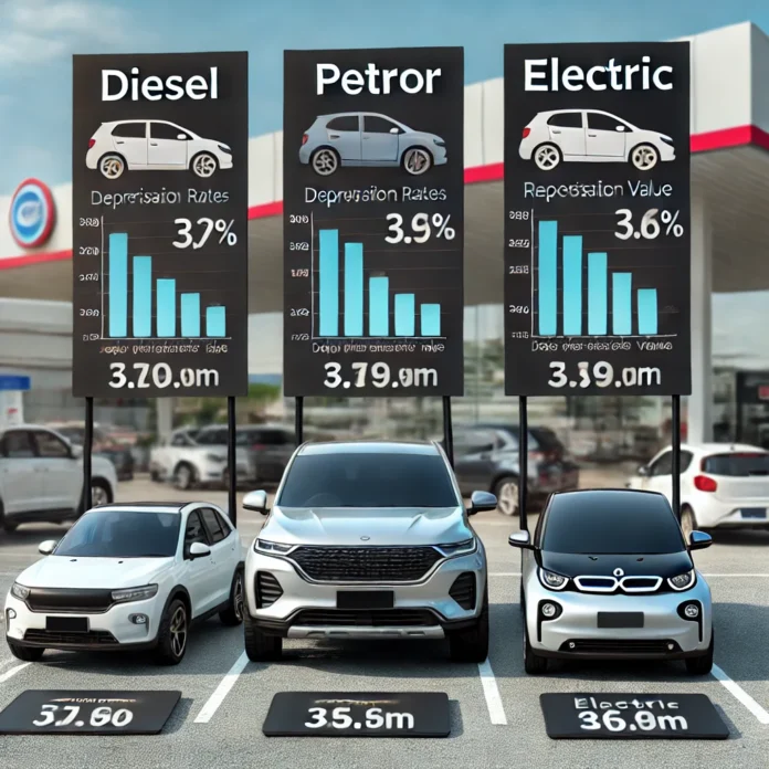 Drei Fahrzeuge – ein Diesel, ein Benziner und ein Elektroauto – nebeneinander auf einem Autohausgelände mit Preisschildern zur Darstellung unterschiedlicher Restwerte.