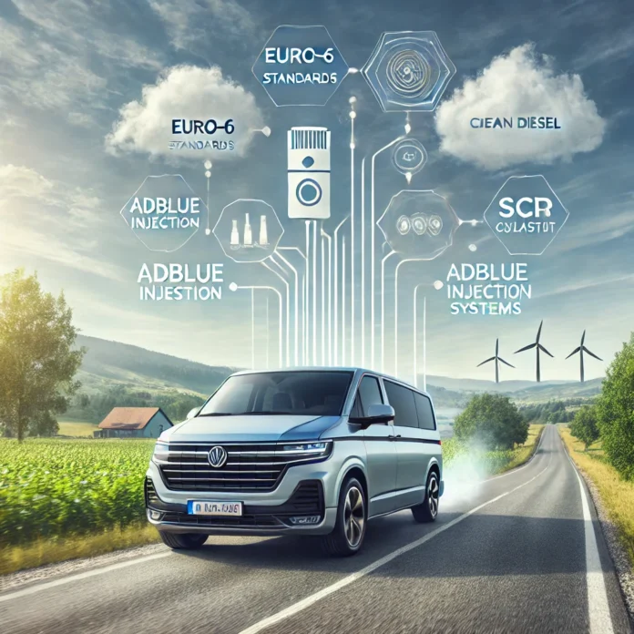 Ein modernes Diesel-Fahrzeug fährt auf einer malerischen Straße, umgeben von sauberer Luft und grüner Natur, als Symbol für fortschrittliche Abgasreinigungstechnologien.